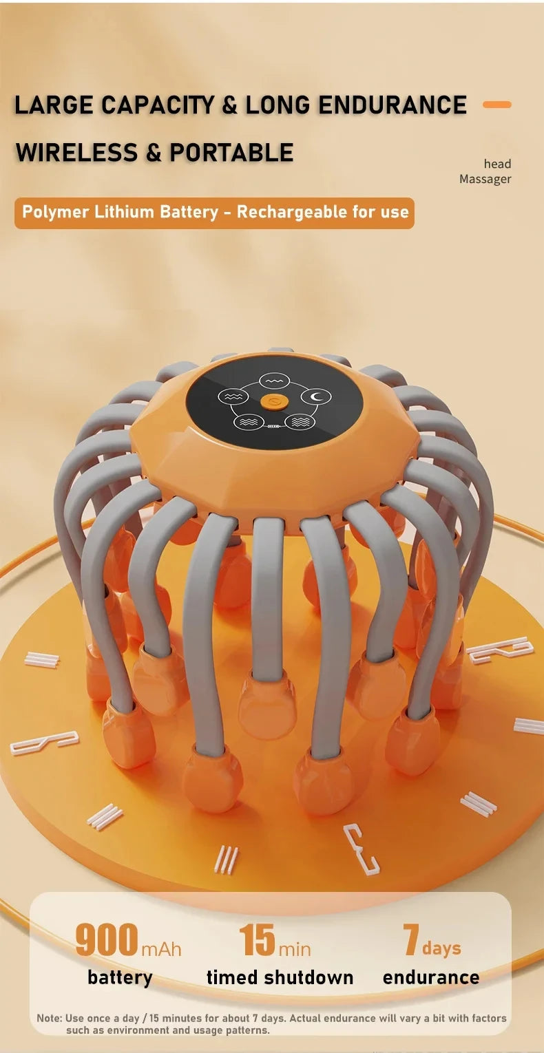 20 Massage Heads Orange Scalp Massager - Red Light Vibrating Octopus Scratcher for Relaxation, Stress Relief