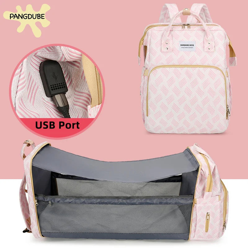 Baby Diaper Bag with Stroller Hooks Portable Baby Crib Diaper Changing Pad Baby Carrier Bag for Mom Backpack