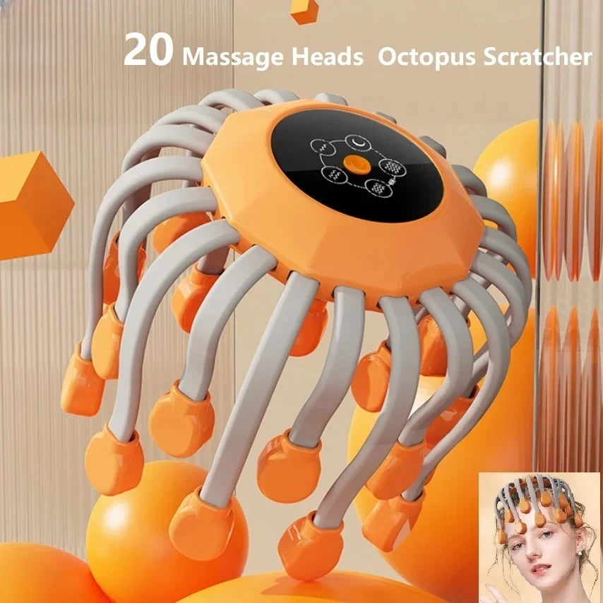 20 Massage Heads Orange Scalp Massager - Red Light Vibrating Octopus Scratcher for Relaxation, Stress Relief