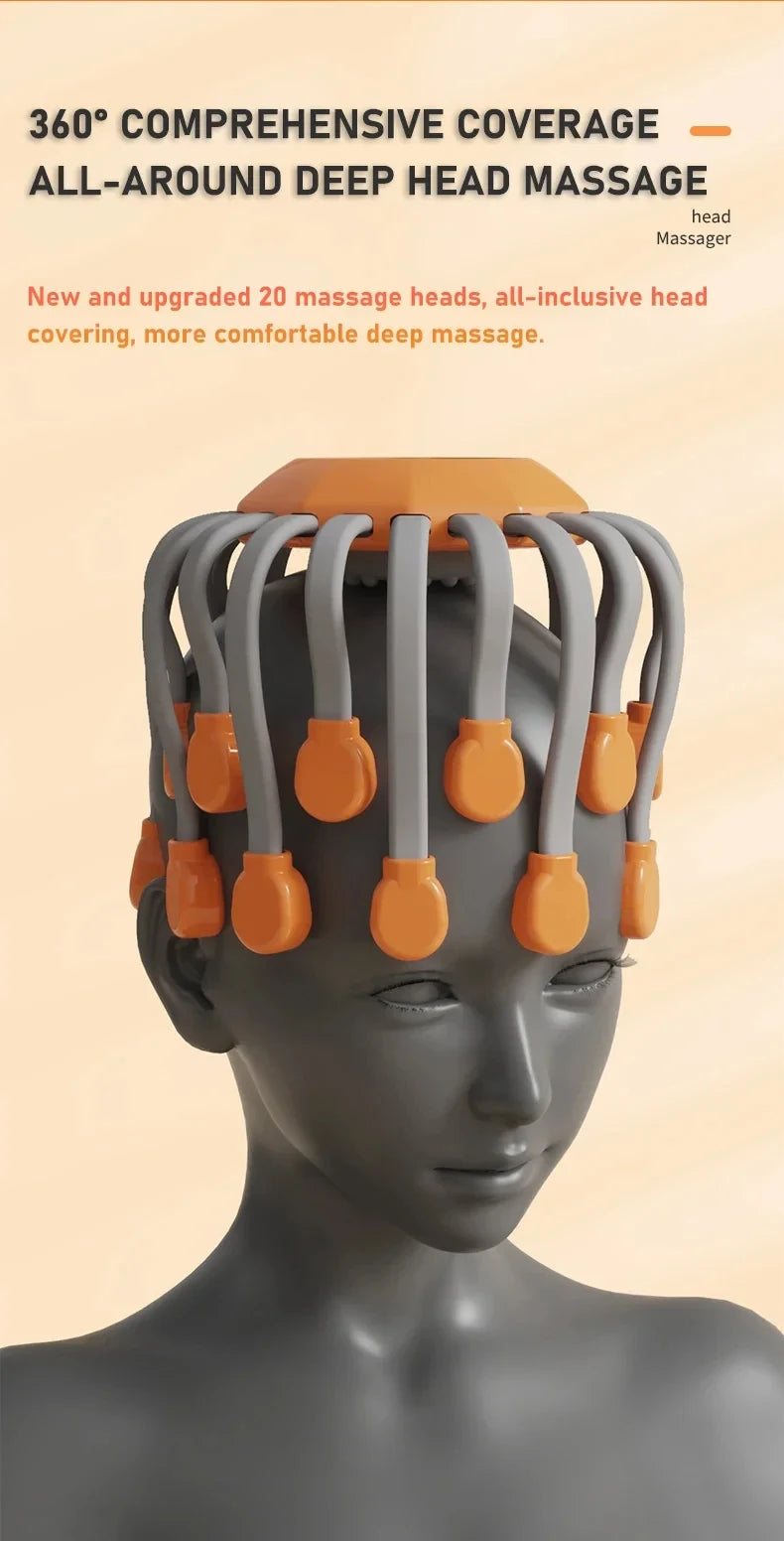 20 Massage Heads Orange Scalp Massager - Red Light Vibrating Octopus Scratcher for Relaxation, Stress Relief