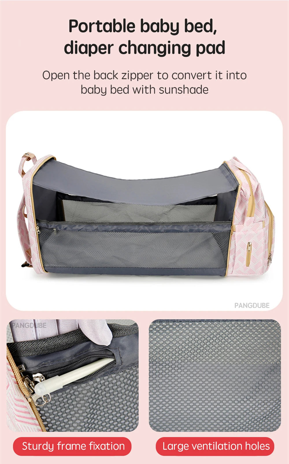 Baby Diaper Bag with Stroller Hooks Portable Baby Crib Diaper Changing Pad Baby Carrier Bag for Mom Backpack